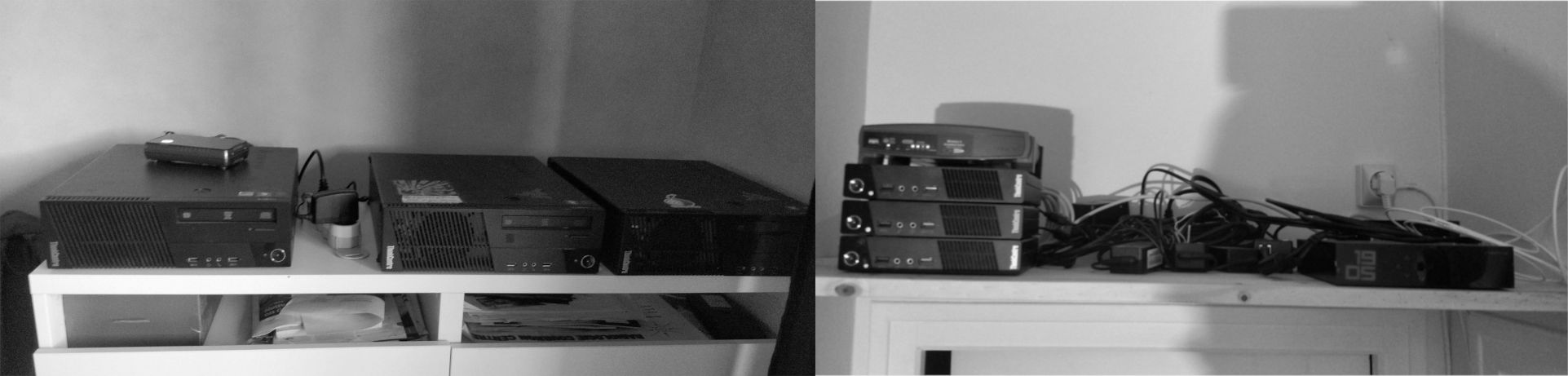 Une photo en noir et blanc de nos différents serveurs hébergés à domicile.